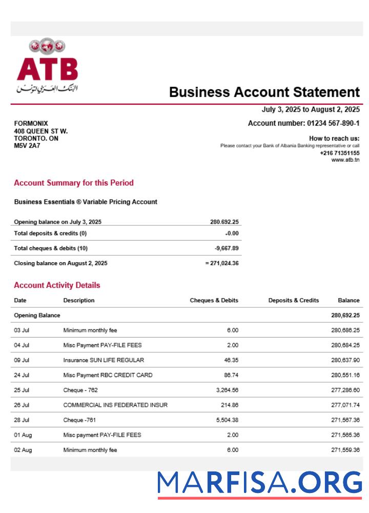 Downloadable Tunisian ATB organization checking account statement Word and PDF template